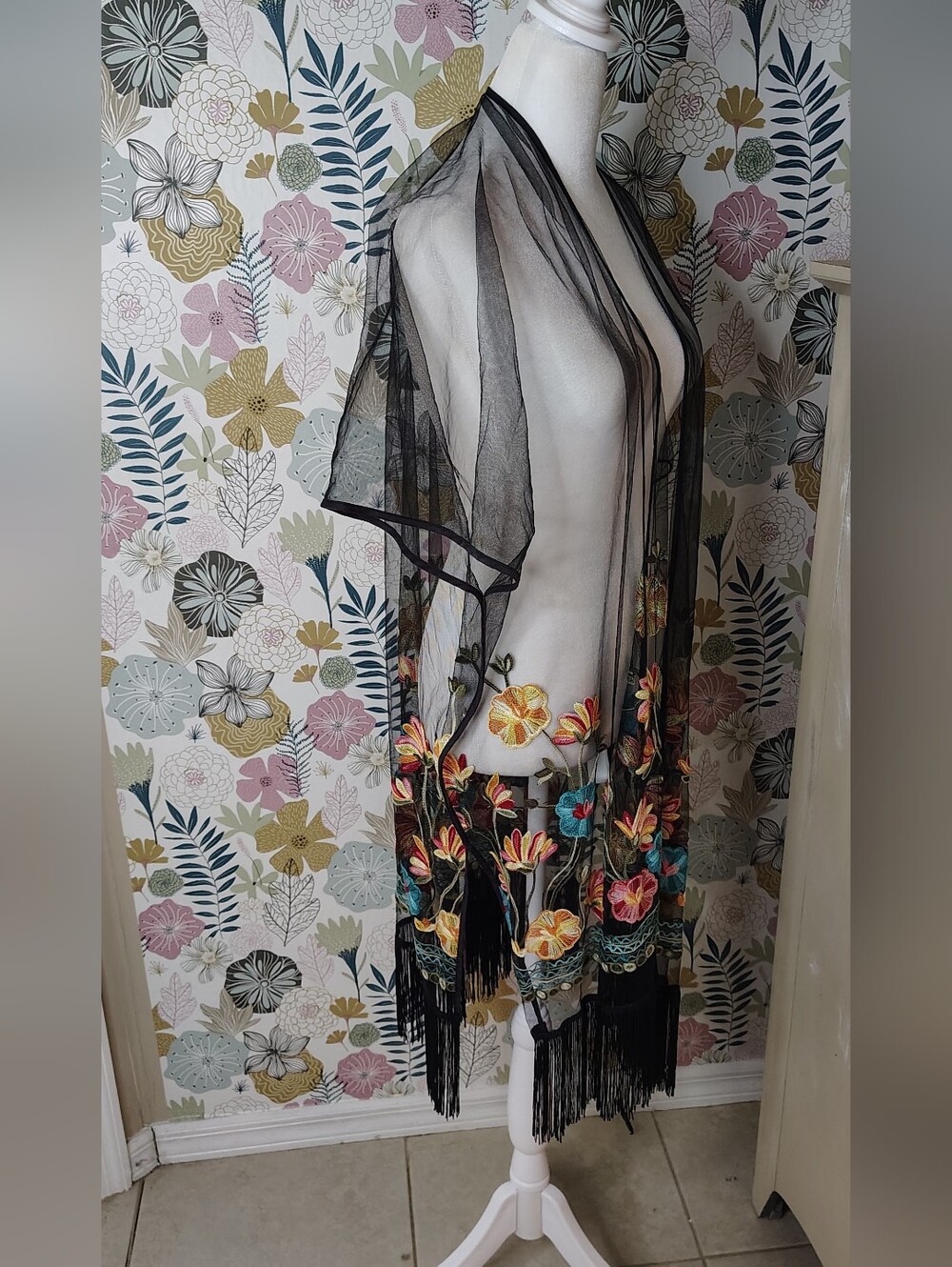 Haute Hippie  Sheer Embroidered Floral Fringe Swim Coverup Open Front Kimono - Picture 6 of 7